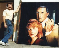 Beside the finished panel in the shop yard. Painted for the 1986 home-video release. David Escobar standing beside his hand-painted 52 Pick-Up panel in the shop yard.