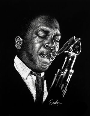 Black-and-white colored pencil portrait of John Coltrane playing saxophone
