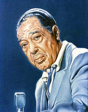 Oil portrait of Duke Ellington in a blue coat at a microphone