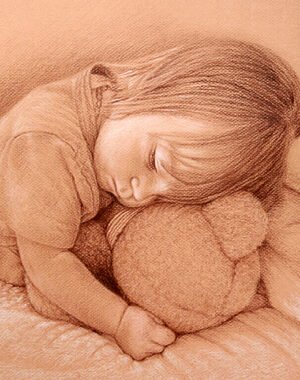 Colored pencil drawing of a sleeping baby cuddling a teddy bear, in sepia tones