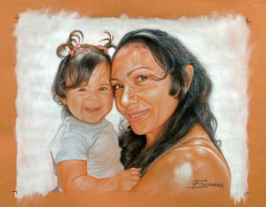 Colored pencil portrait of a woman holding a young child in warm tones