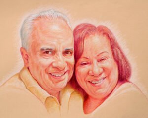 Colored pencil portrait of a smiling older couple embracing
