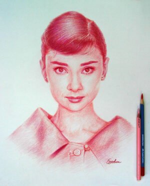 Colored pencil portrait of Audrey Hepburn in warm reddish tones