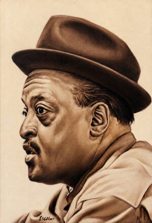 Oil portrait of jazz saxophonist Ben Webster in a hat