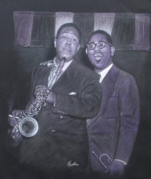 Colored pencil drawing of jazz musicians Charlie Parker and Dizzy Gillespie on stage at Birdland