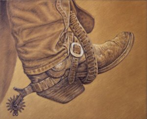 Colored pencil drawing of a worn cowboy boot with a spur