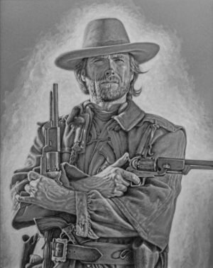Colored pencil portrait of Clint Eastwood as the Outlaw Josey Wales, holding revolvers
