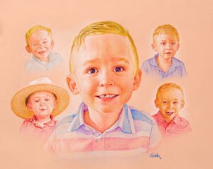 Colored pencil collage of a young boy shown in several poses