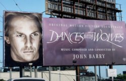 Painted panel installed and on display. Original Motion Picture Soundtrack campaign. Hand-painted billboard for the Dances with Wolves soundtrack, 1990