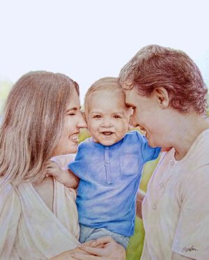 Colored pencil portrait of a mother and father touching foreheads with their baby