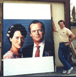 Meryl Streep and Jack Nicholson, painted for the 1986 home-video release. Photographed before the panel went up. Hand-painted billboard for the home video release of the film Heartburn, 1986