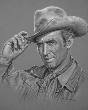 Colored pencil portrait of actor James Stewart in a cowboy hat