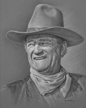 Colored pencil portrait of John Wayne in a cowboy hat