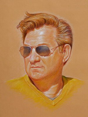 Colored pencil portrait of a man in sunglasses and a yellow shirt