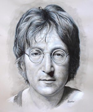 Colored pencil portrait of John Lennon in round glasses