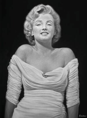 Black-and-white acrylic portrait of Marilyn Monroe in a white gown