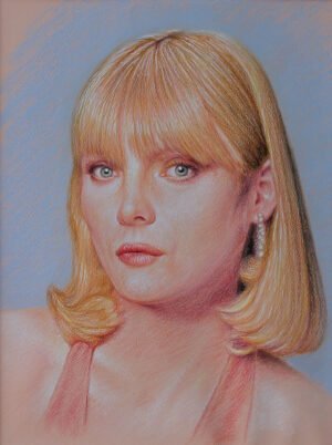 Colored pencil portrait of Michelle Pfeiffer against a blue background