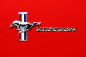 Oil painting of a chrome Ford Mustang emblem on a red background