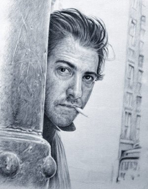 Graphite portrait of a Dustin Hoffman as Ratso Rizzo, smoking, leaning against a wall