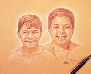 Colored pencil portrait of two brothers in warm tones