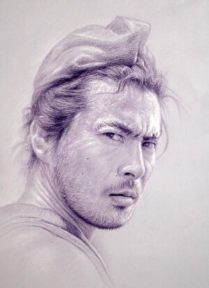 Colored pencil portrait of actor Toshiro Mifune in violet tones