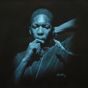 Colored pencil portrait of John Coltrane in blue tones on a black background