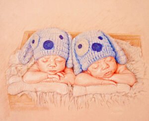 Colored pencil drawing of two sleeping newborns in blue knit hats